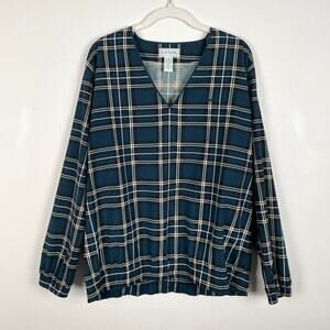 Vintage 90s Izod Windbreaker Jacket Womens M Teal Blue Plaid Nylon Pullover Golf